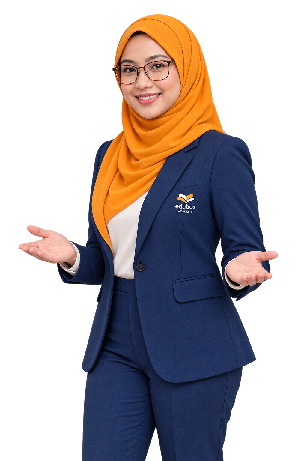 EduBox Academy corporate representative wearing glasses, an orange hijab and a navy blazer, with open hands welcoming visitors