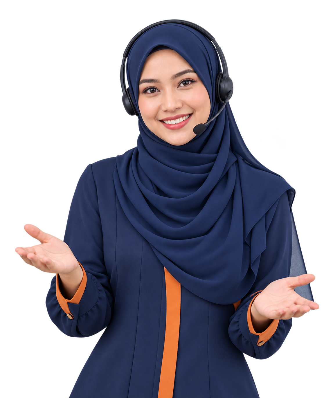 A welcoming training support illustration of a woman wearing a navy hijab and headset